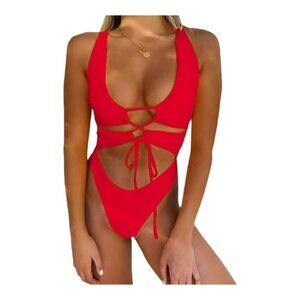 ChyrII Womens Red Halter Neck One-Piece Swimsuit Size M